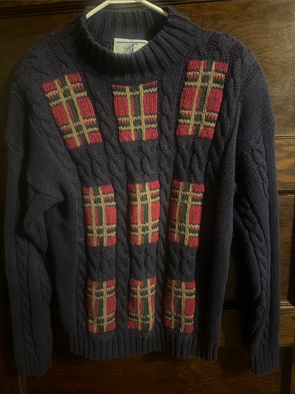 Vintage Cable Sweater with Red Plaid Panels, Ramie and Cotton Blend